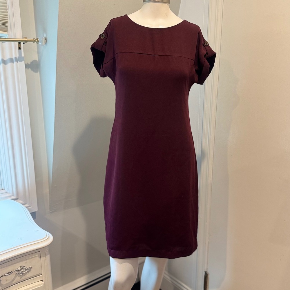 Wardrobe Burgundy Shift Dress Tulip‎ Sleeve Button Detail | Size XS